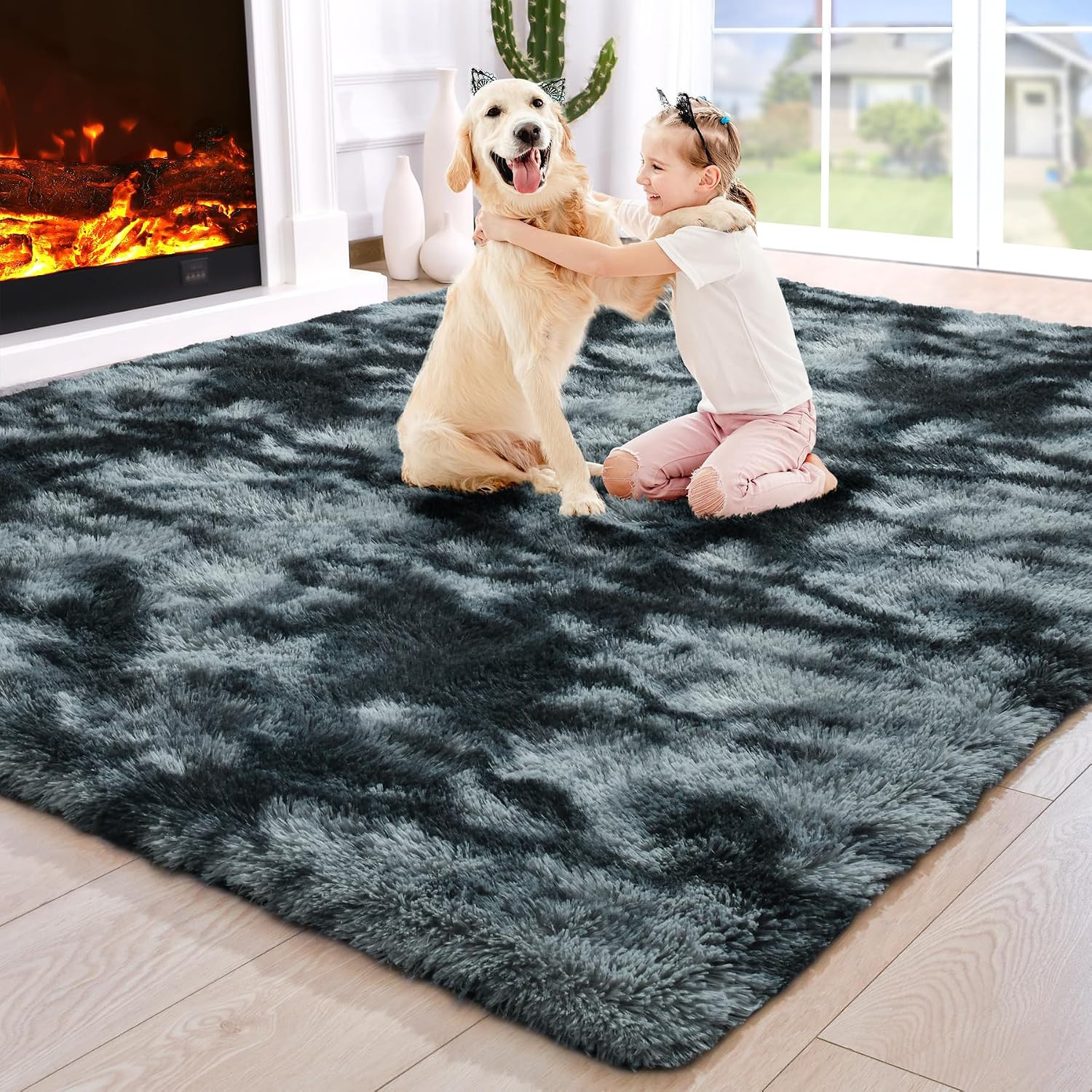 2×3 Tie-Dyed Black and Grey Fluffy Area Rug Non-Slip for Entryway Bedroom | Plus