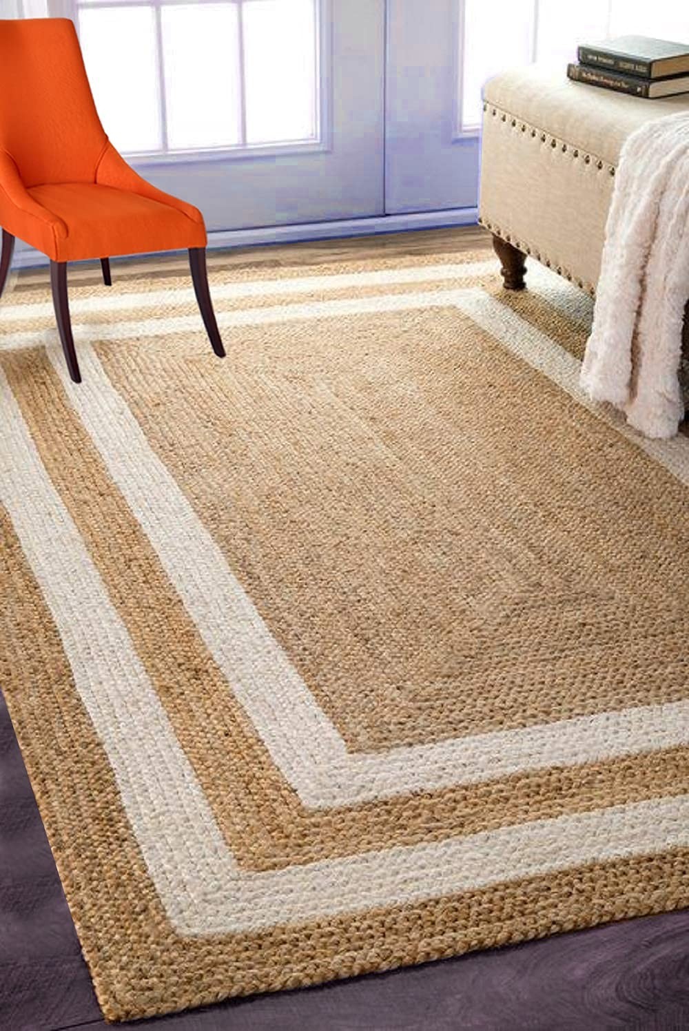 Natural Jute Area Rug with White Border Handwoven Carpet for Livingroom Boho Mat
