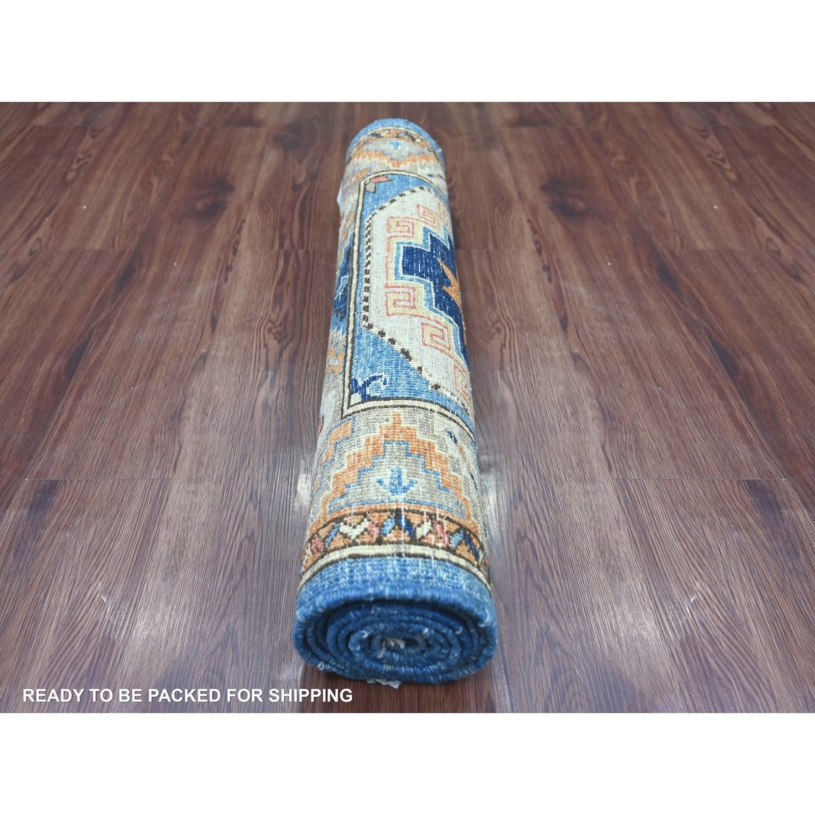 2’8″x7’4″ Blue Hand Knotted Afghan Ersari Elephant Feet Design Wool Runner Rug