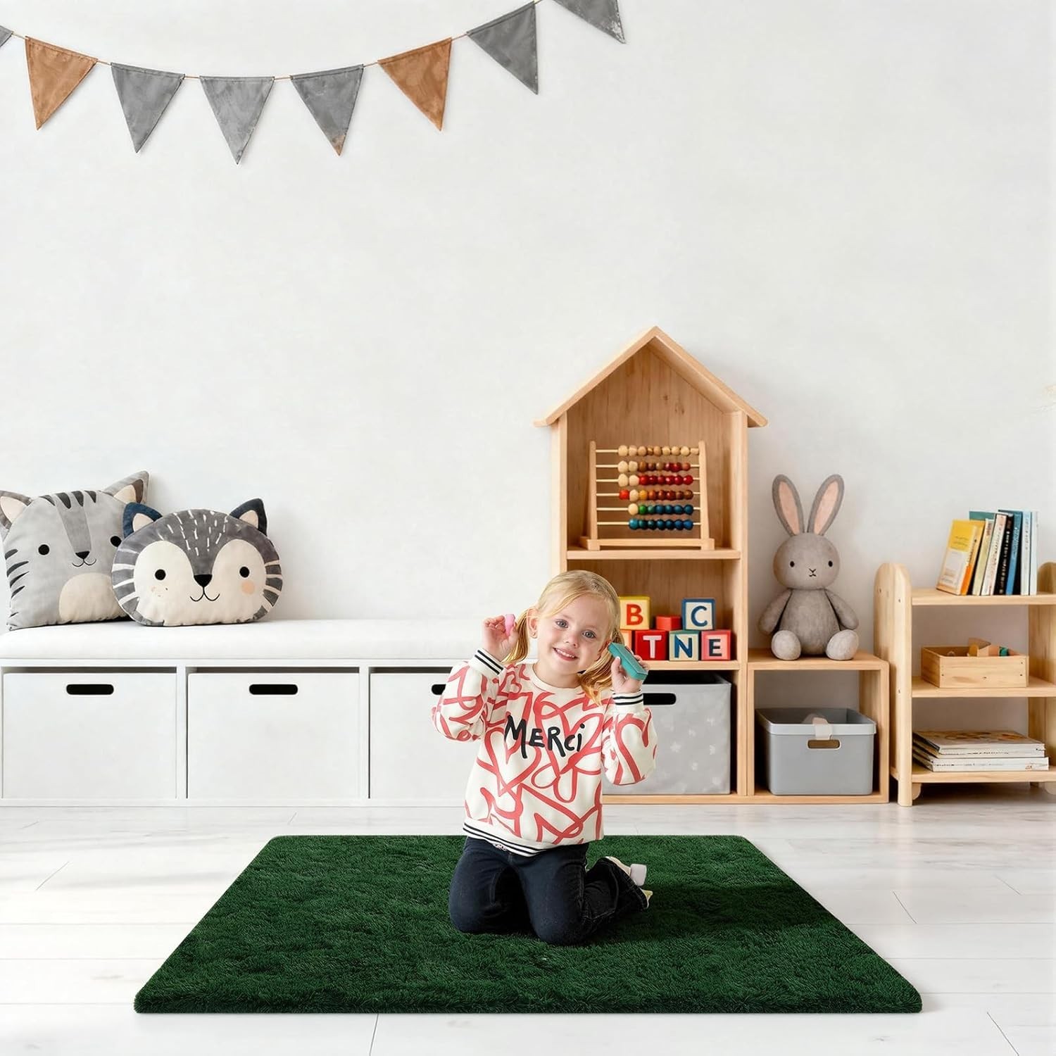 Elegant 2×3 Dark Green Fluffy Rug with Non-Slip Feature: Ideal for Modern Homes