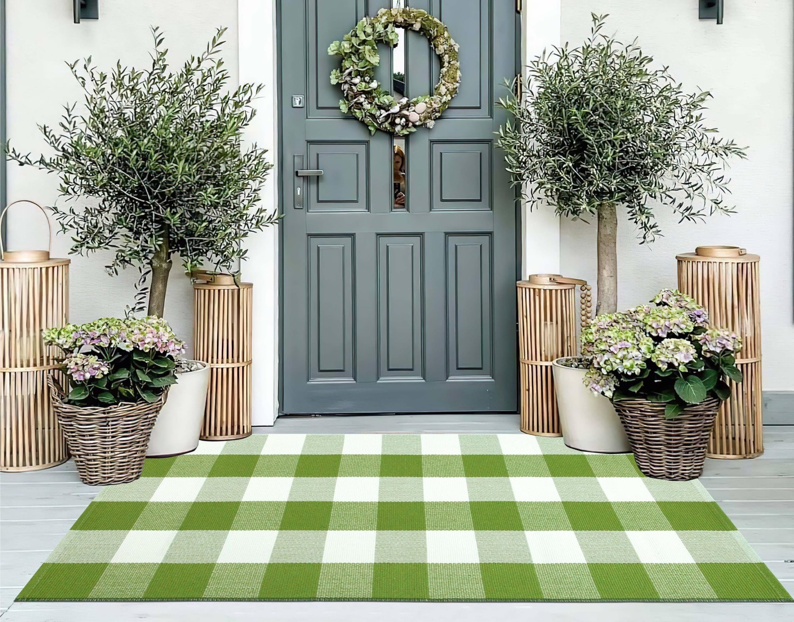 Green and White Front Porch Rug 2’X4.3’Buffalo Plaid Checked Outdoor Rug Cott…