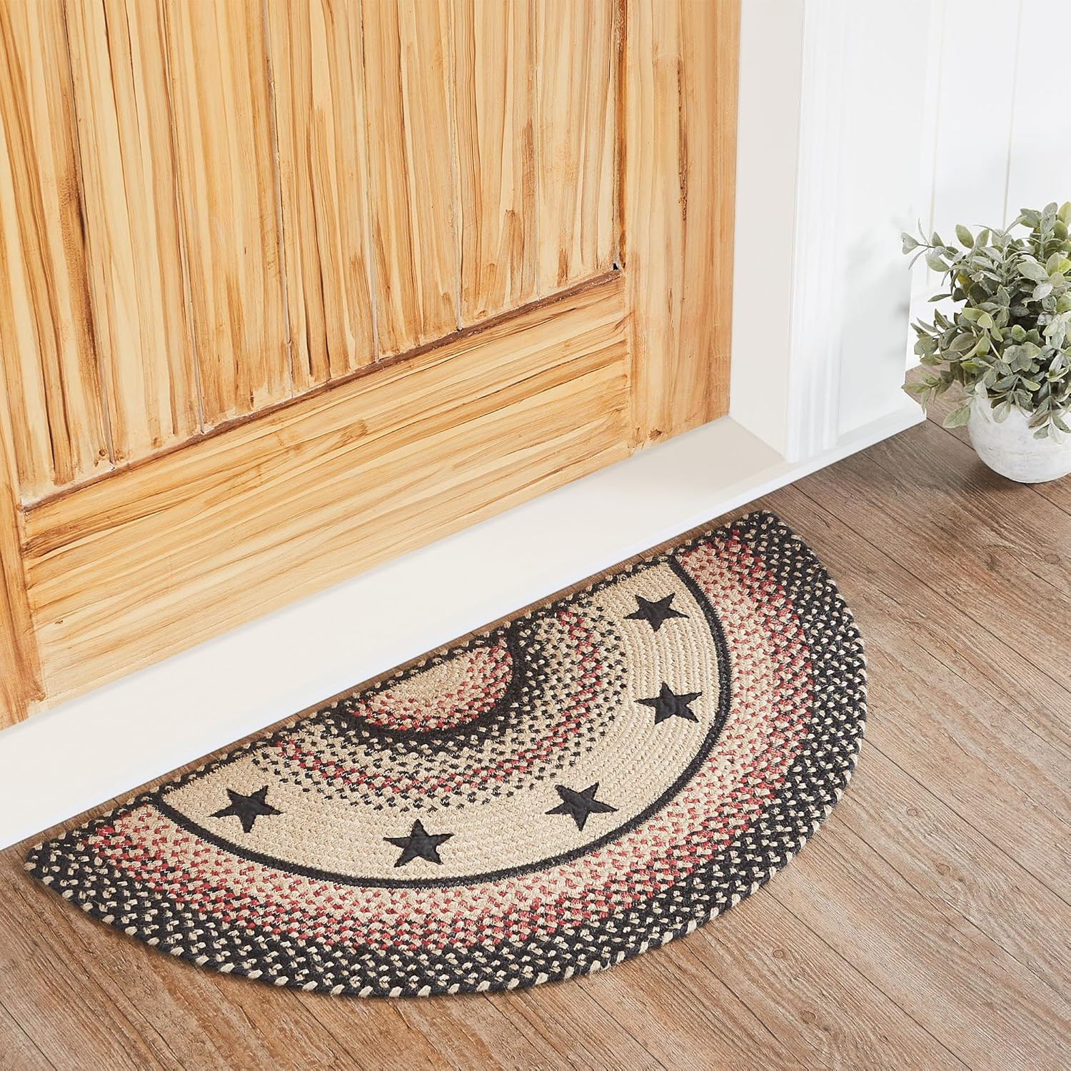Colonial Star Accent Rug with PVC Pad, Jute Blend, Half Circle, Tan Black Red St