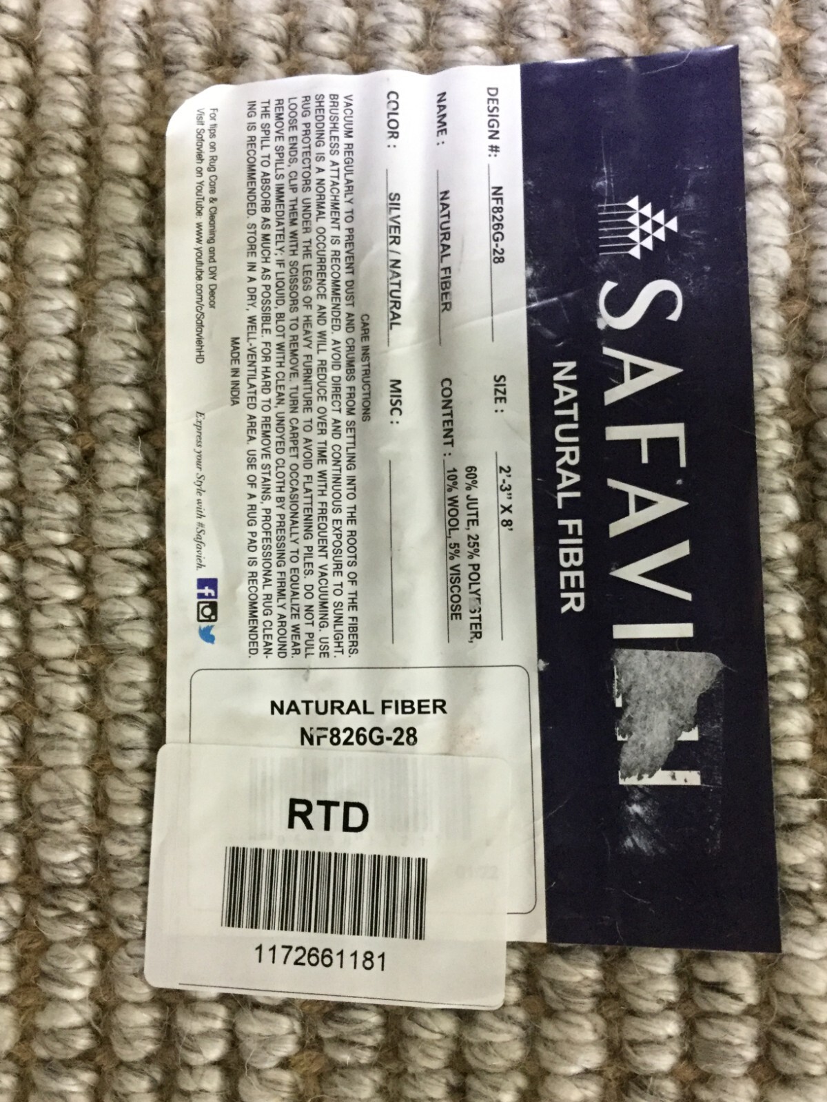 SILVER / NATURAL 2′-3″ X 8′ Flaw in Rug, Reduced Price 1172661181 NF826G-28