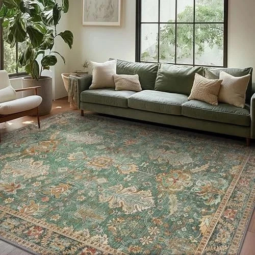 Washable Area Rugs 8×10 Green Boho Rug Tumble Vintage Large Carpet for Living