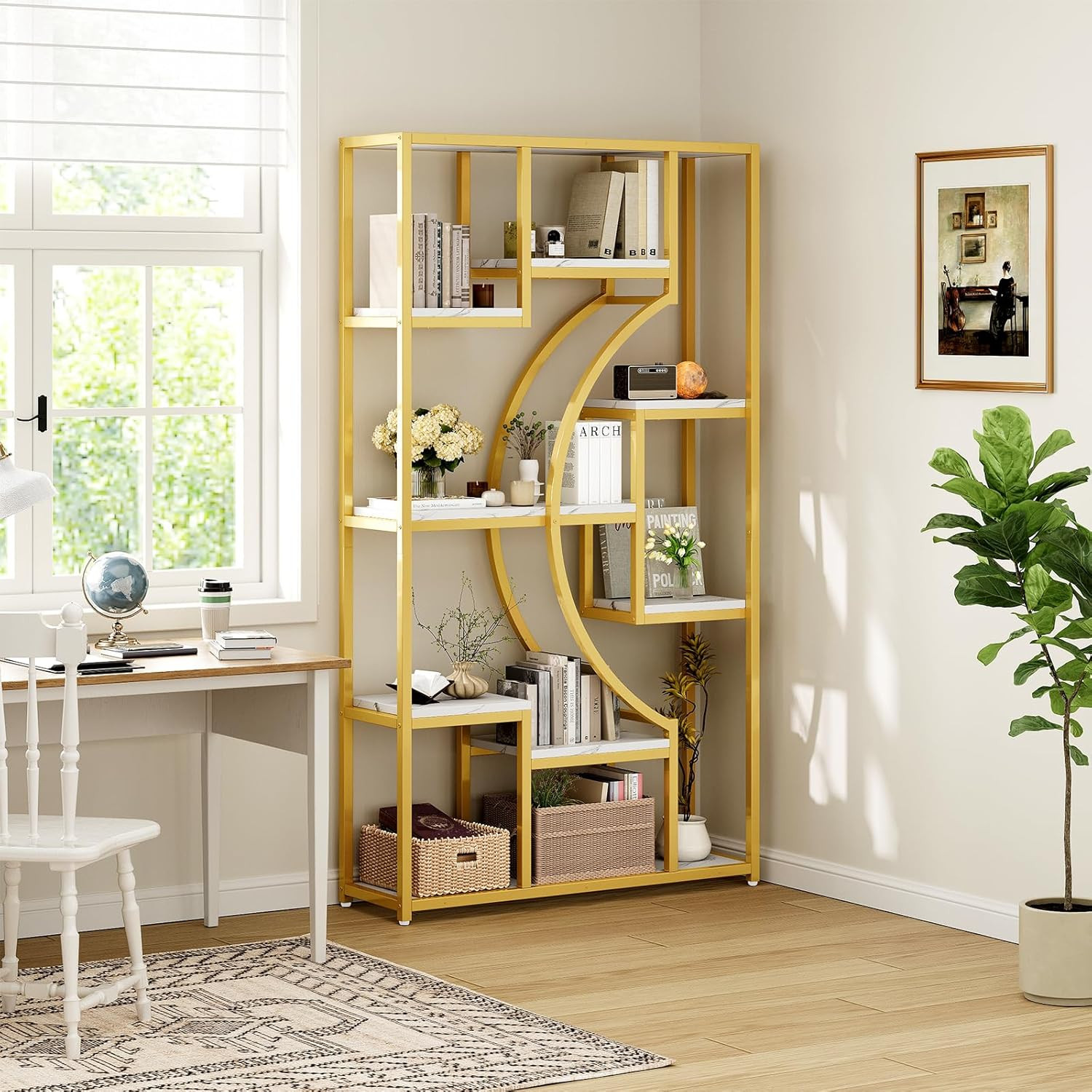 79″ W Luxury Marble-Patterned White Gold Bookshelf, Modern Geometric Half-Moon S