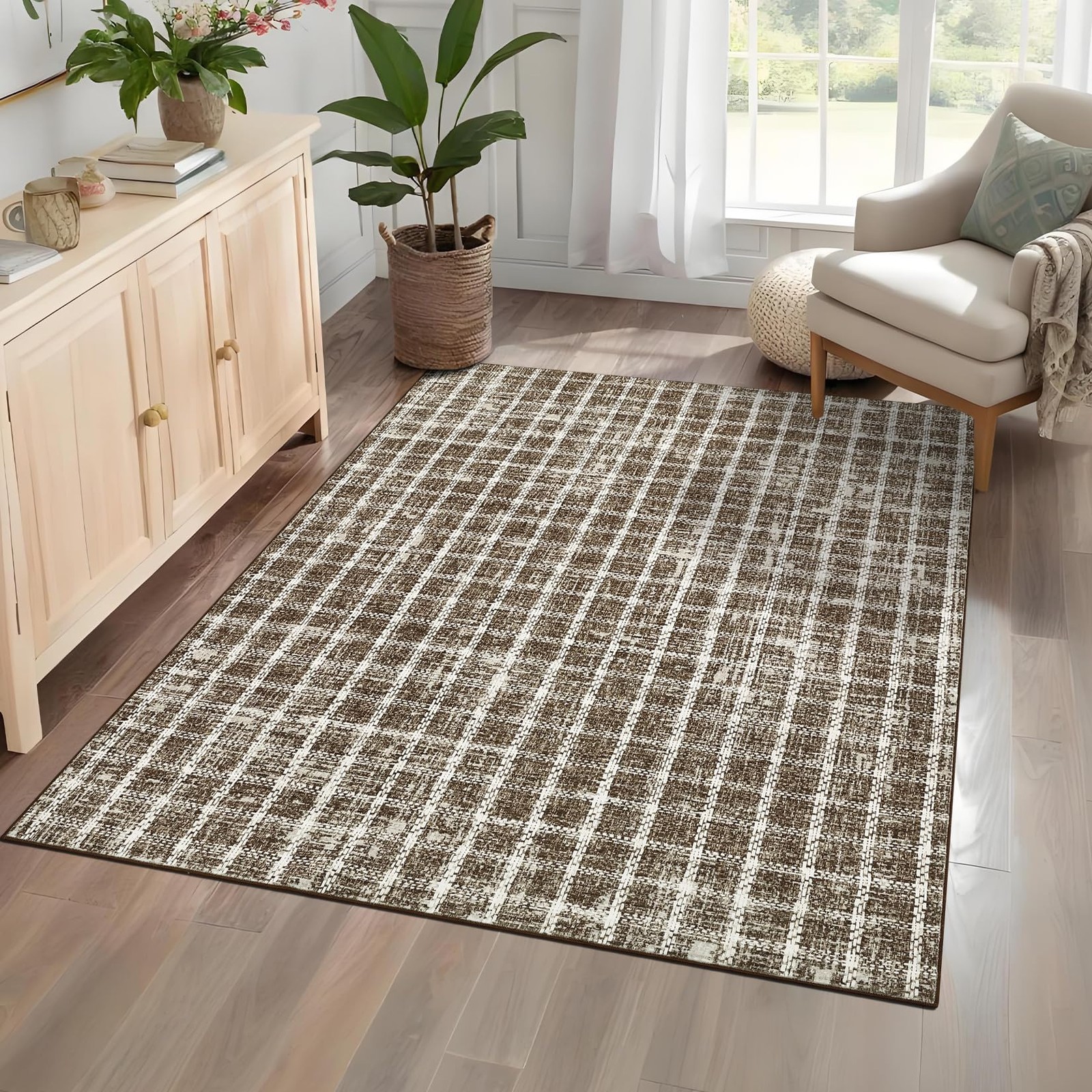 4×6 Rug Non-Slip Washable Low-Pile Carpet – Checkered Braided Geometric Print…