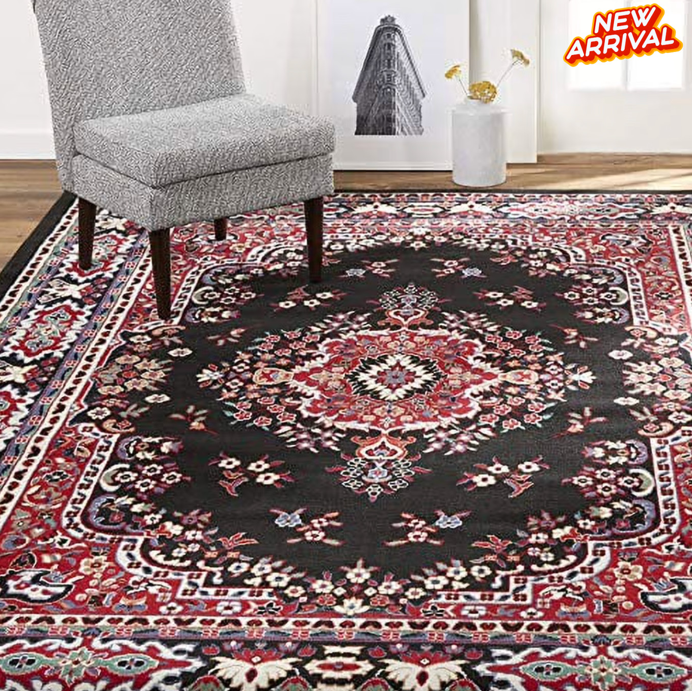 Alfombra 5×7 Medallón Floral Black/Red 5×7 Traditional Indoor Area Rug