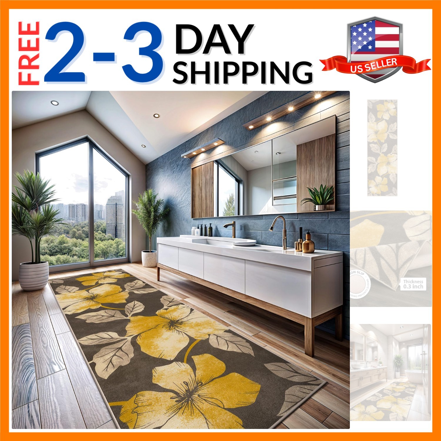 Solana Modern Floral 2′ x 7′ Area Rugs Non-Skid Non-Slip Rubber Backing Yello…