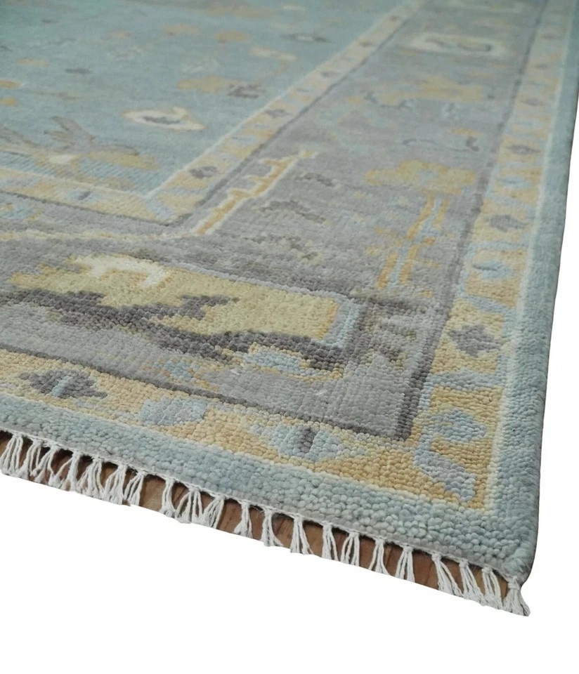 Hand Knotted Oushak Rug Blue Gray Turkish Wool Area Rug Vintage Style