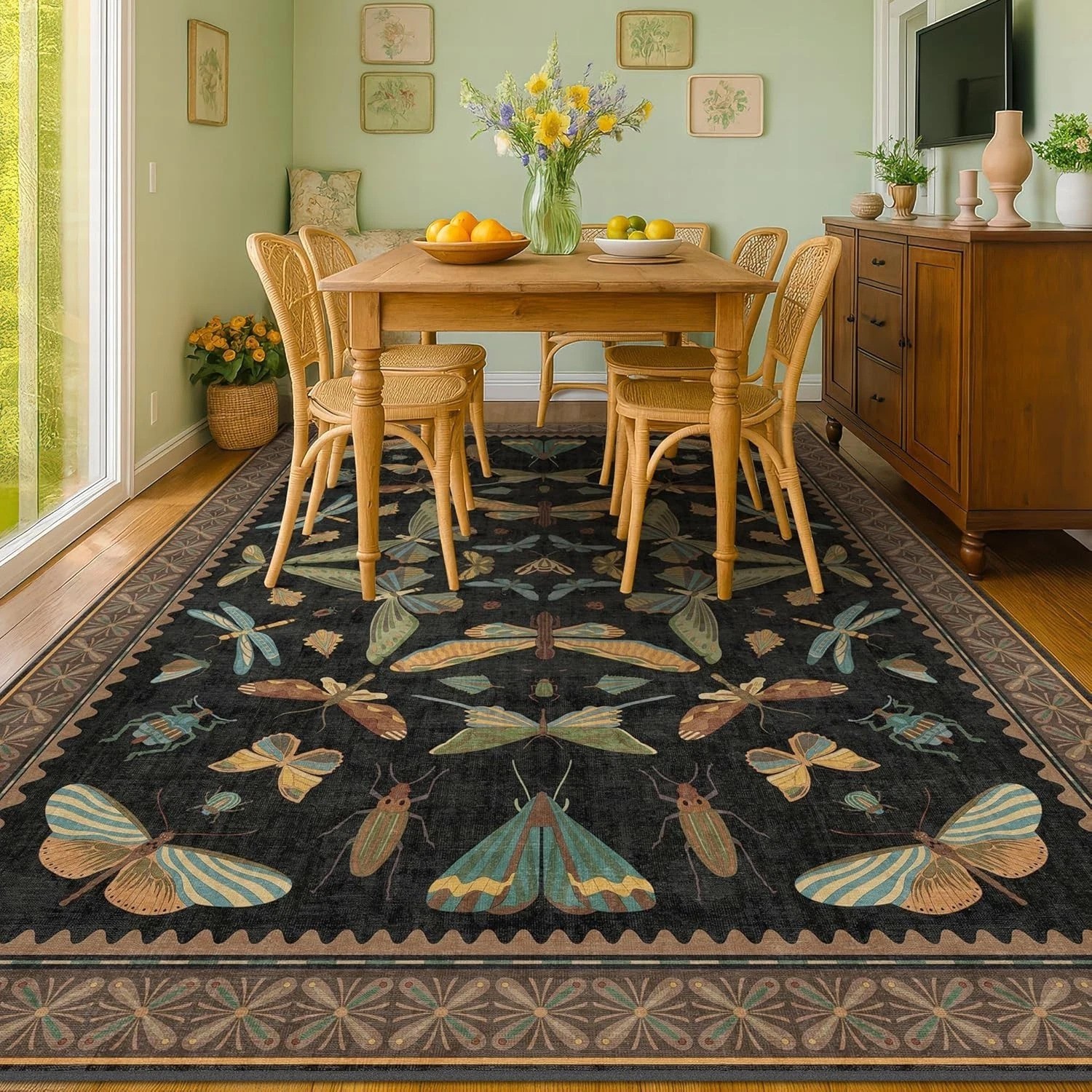 Black Washable Insect Area Rug 8×10 Living Room Bedroom Dining Room Whimsical