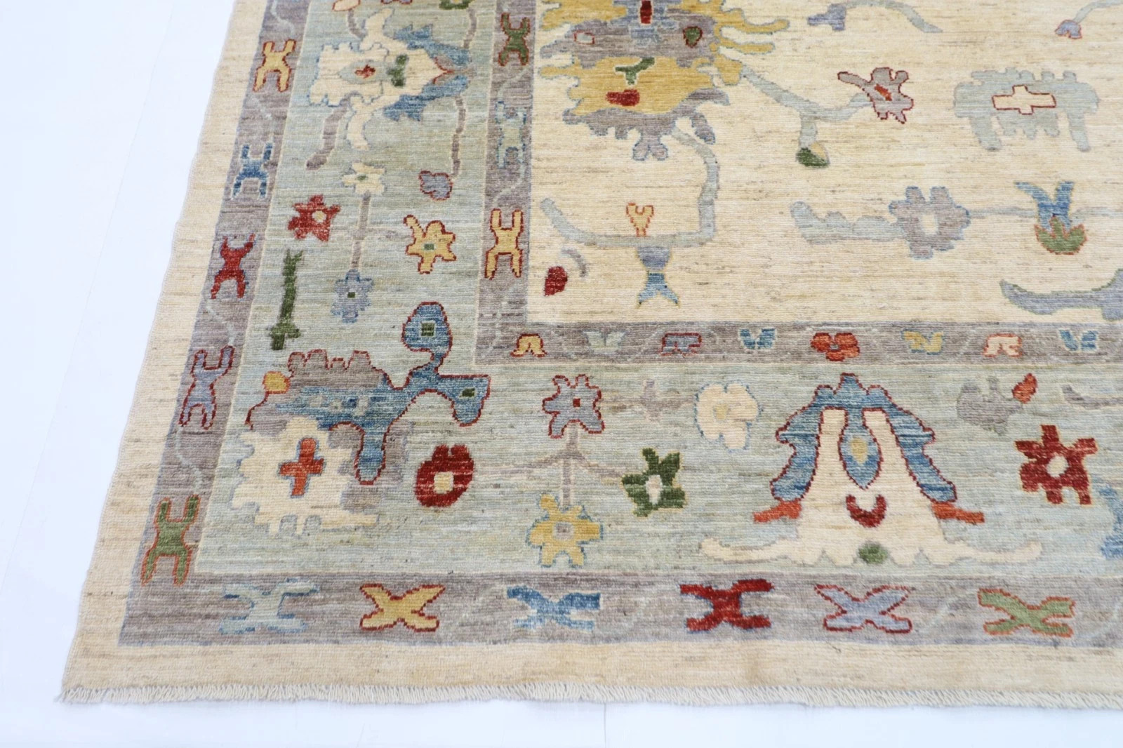 Hand Knotted Oushak Wool Rug Cream Ivory Pastel Floral Turkish Area Carpet 8×10