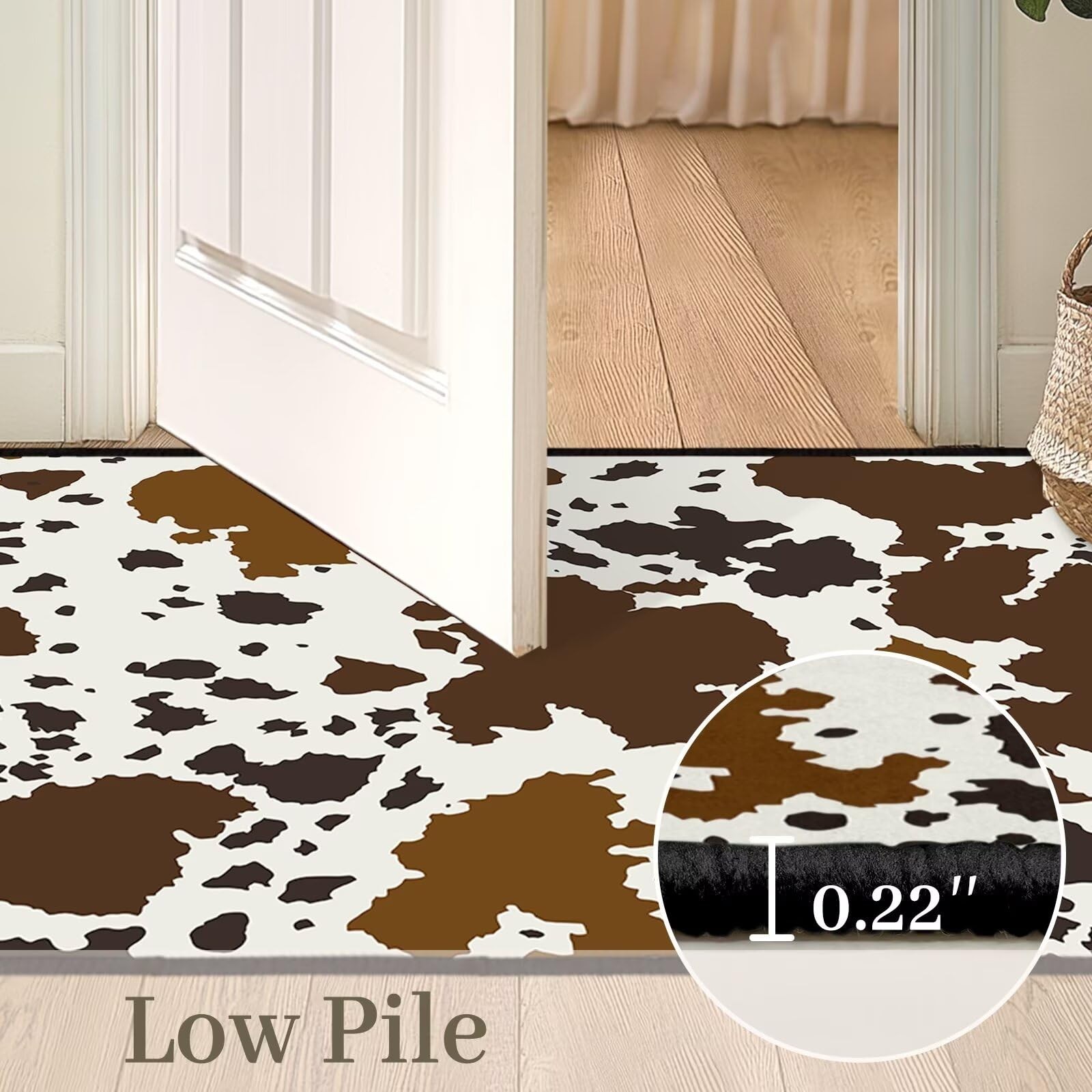 2×6 Cow Print Rug, Brown Black, Machine Made, Low Pile, Soft, Non-Slip, Washa…