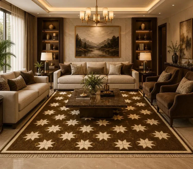 Hand Knotted Brown Cream Star Modern Rug For Bedroom & leaving Room