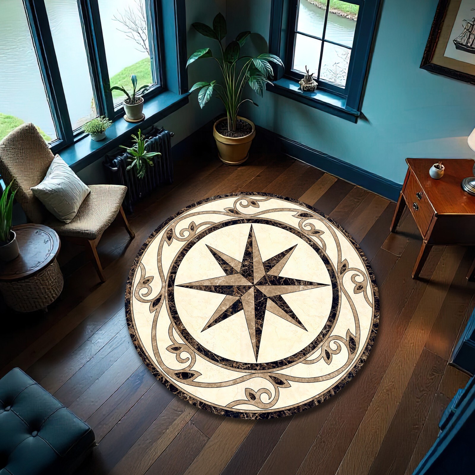 Tile Pattern Round Compass Rose Carpet Entryway Round Marble Rug Yacht Mat Decor