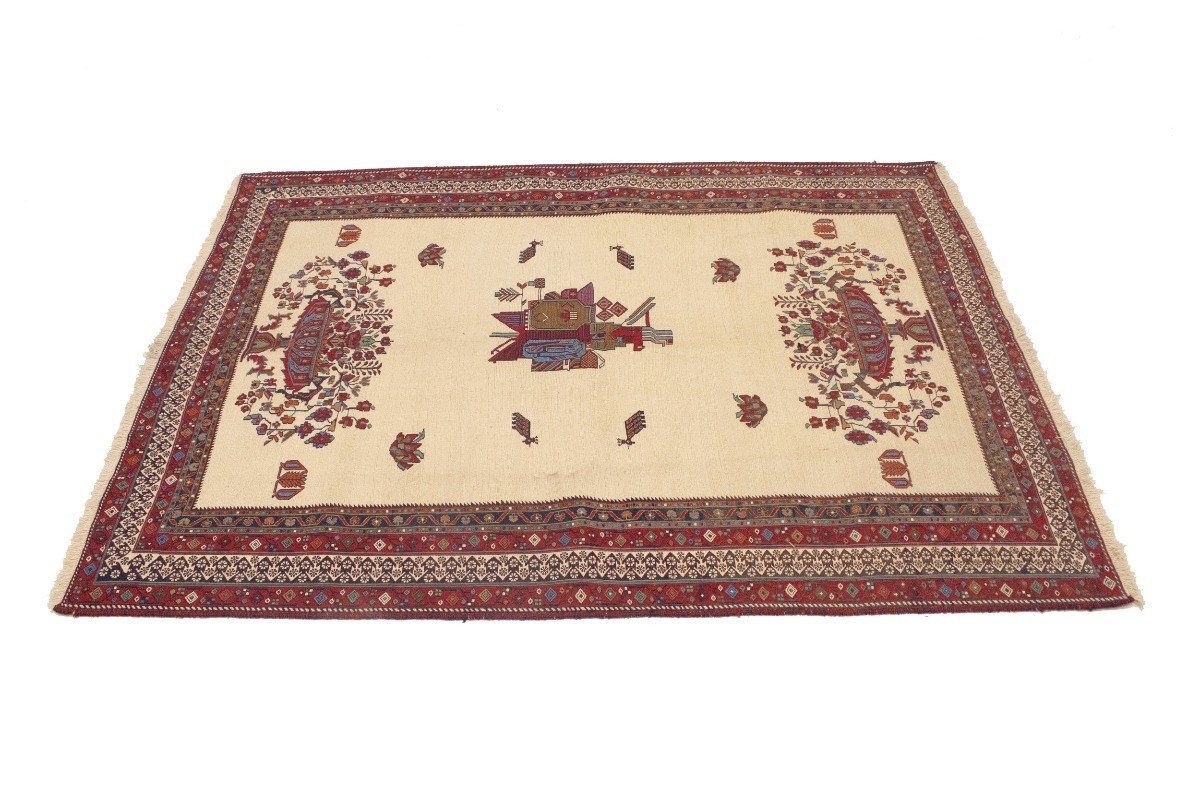 Sumak Pictorial Floral Tribal Style Oriental Rug Flat-Weave Wool Carpet 4’6X6 ft