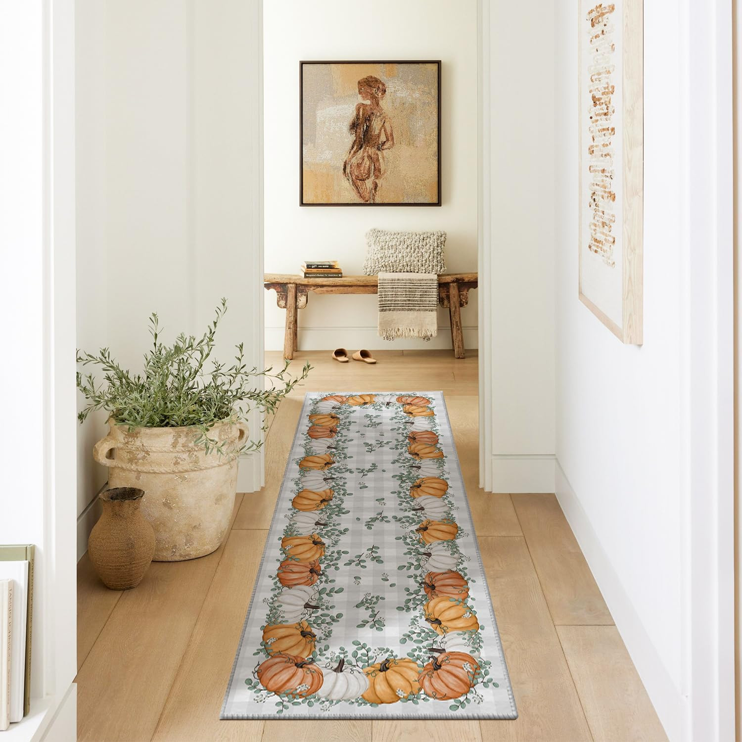 Orange Pumpkins Eucalyptus Leaves Fall Area Rug 2X6 Feet | Autumn Thanksgiving H