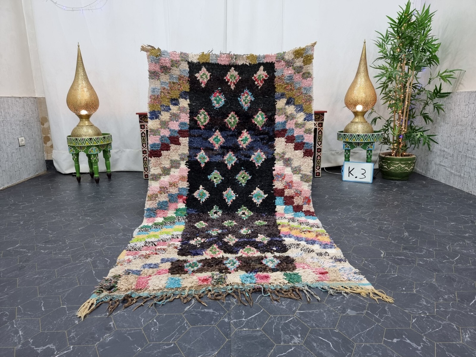 Moroccan Handmade Vintage Boucherouite 3’6″x6’4″ Geometric Pink Cotton Carpet