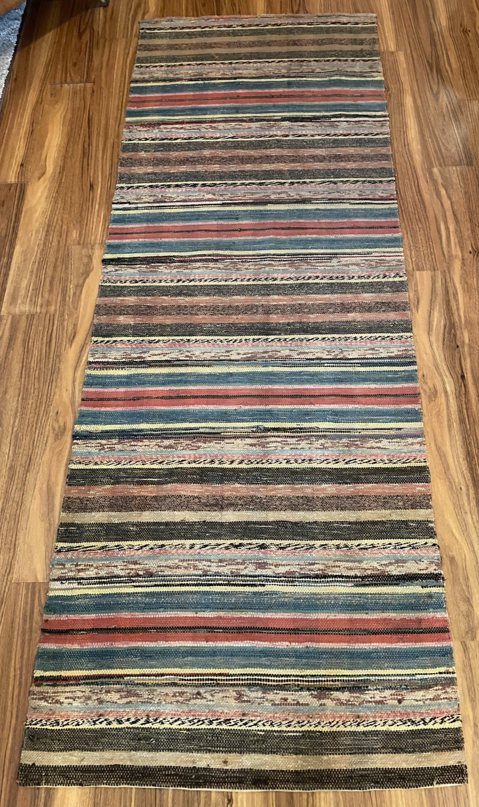 VTG Handmade Woven MCM Rag Rug 89×31 Farmhouse Country Blue Red Black Brown