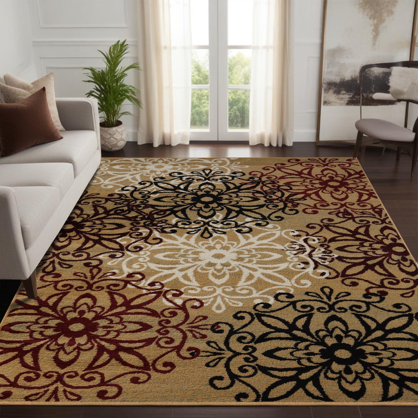 Leigh Modern Floral Medallion Foldable Washable Large Indoor Area Rug or Runner