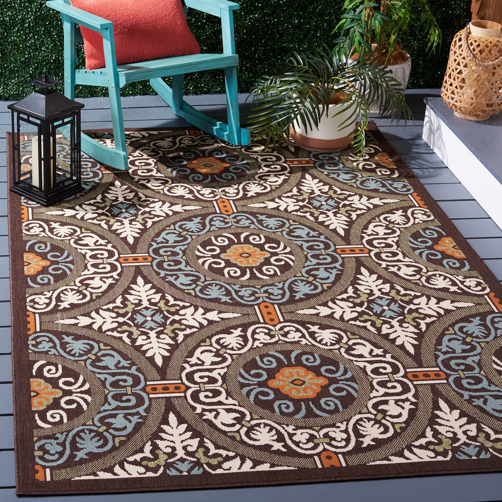 Washable Rug Outdoor Collection – 2’7′ x 5′, Chocolate & Aqua, Non-Shedding &…