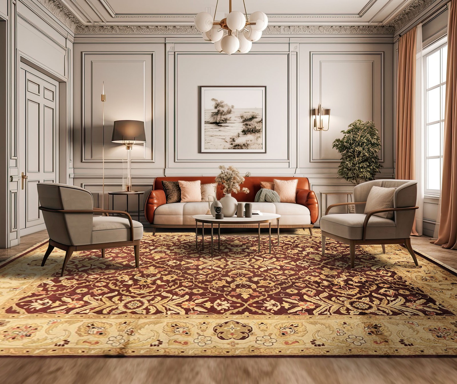 8’10″x11’9″ Hand Knotted New Zealand Wool Maroon, Light Gold Agra Kalaty Rug