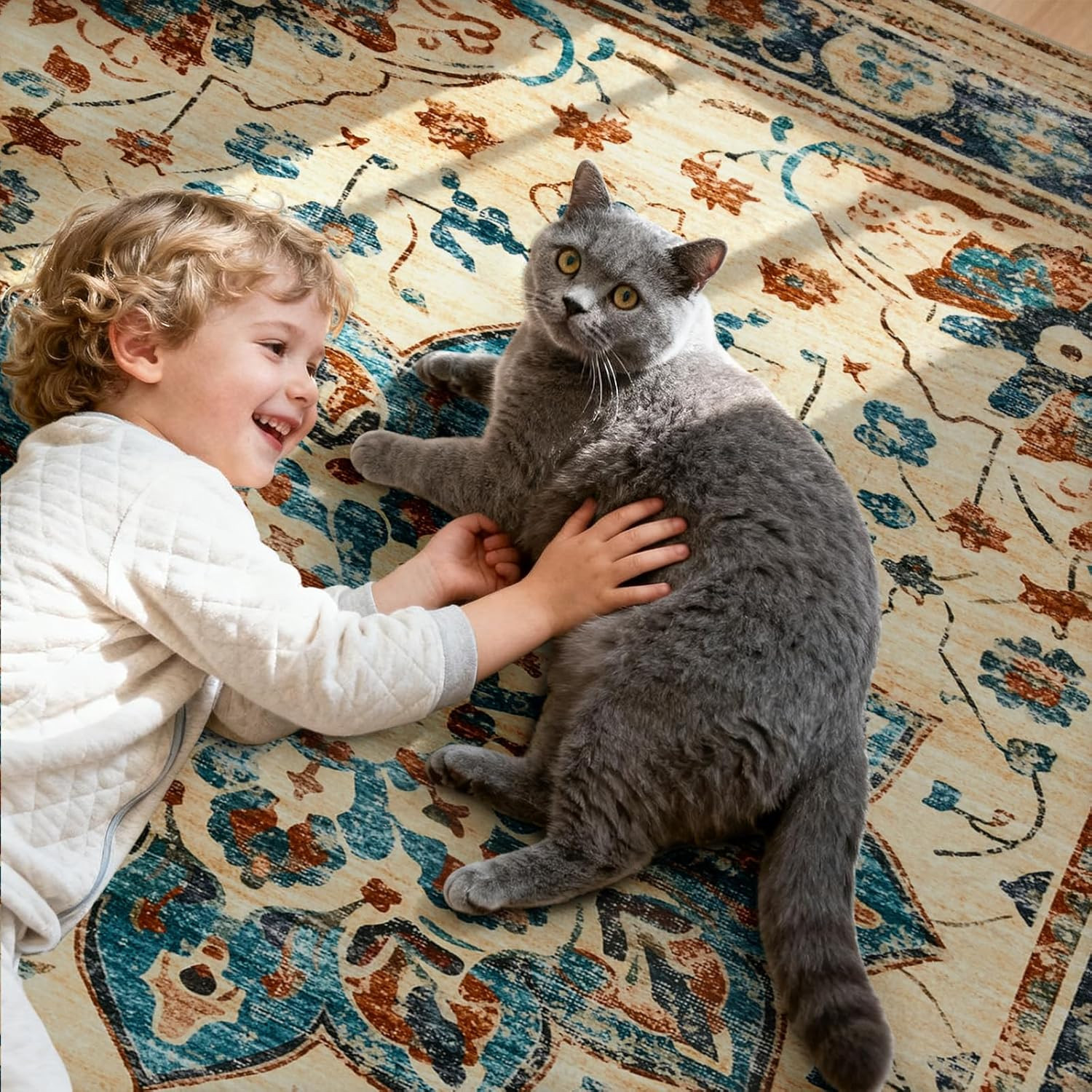 8×10 Vintage Area Rug, Non-Slip, Washable, Pet & Kid Friendly