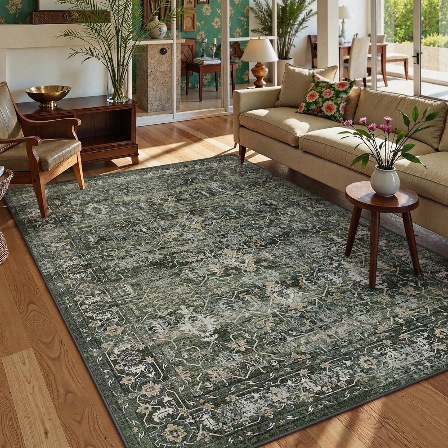 Washable Area Rugs 5X7 Green Rugs for Living Room,Boho Rug for Bedroom,5’X7′