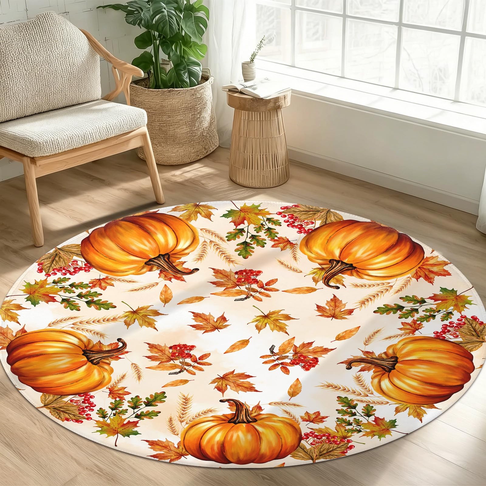 Fall Round Area Rug 5ft,Machine Washable Autumn Orange Pumpkin Maple Leaf Rou…