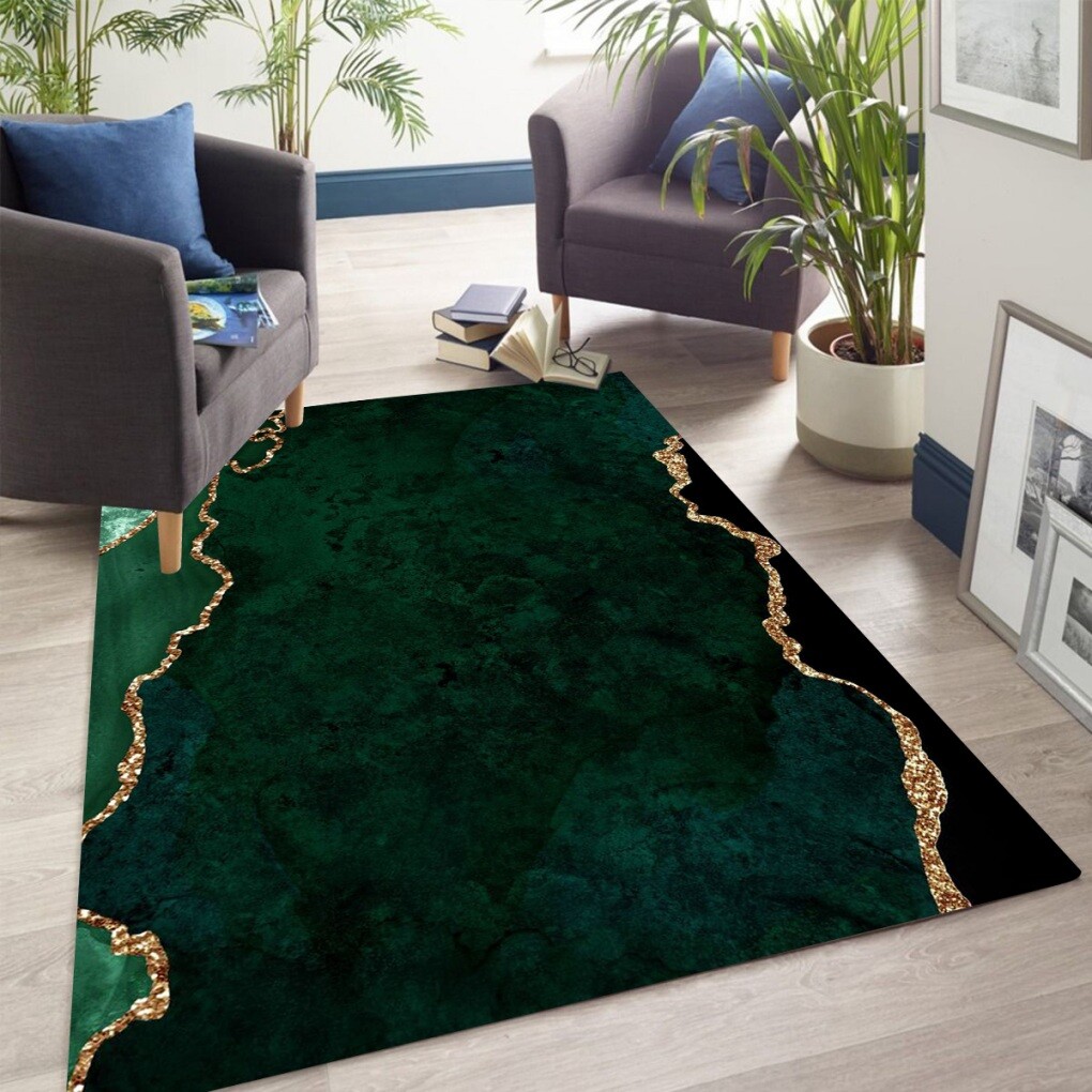 Abstract Marble Texture Area Rug Luxury Modern Emerald Green Gold No Slip Carpet