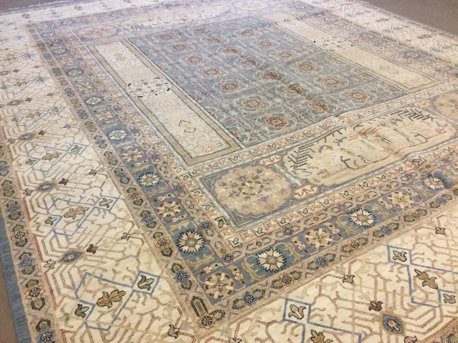 12’ X 15’ Light Blue Beige Oversized Geometric Hand Knotted Oriental Rug Wool