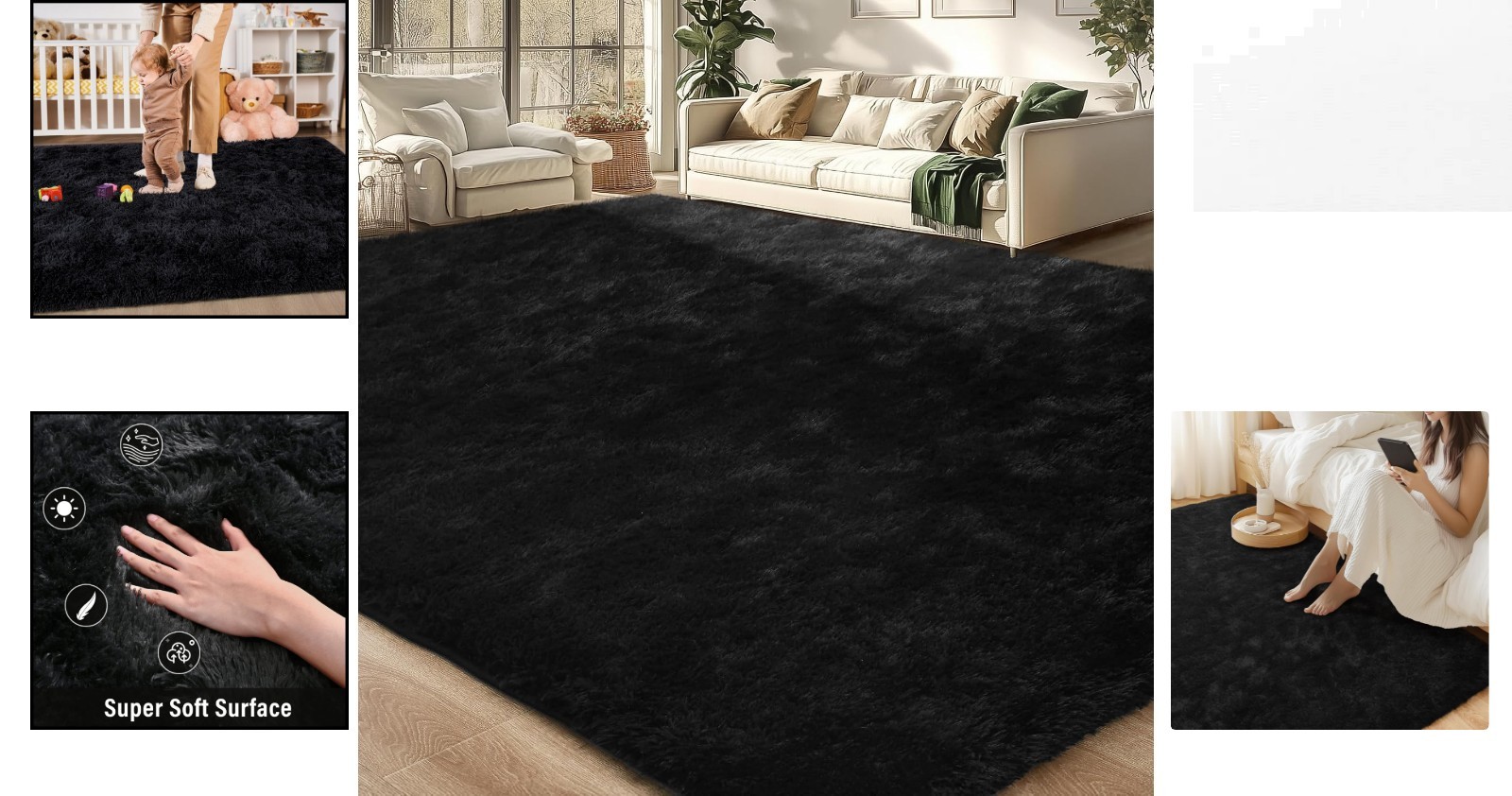 Modern Black Fluffy Area Rug – Cozy Washable Carpet for Bedroom & Nursery