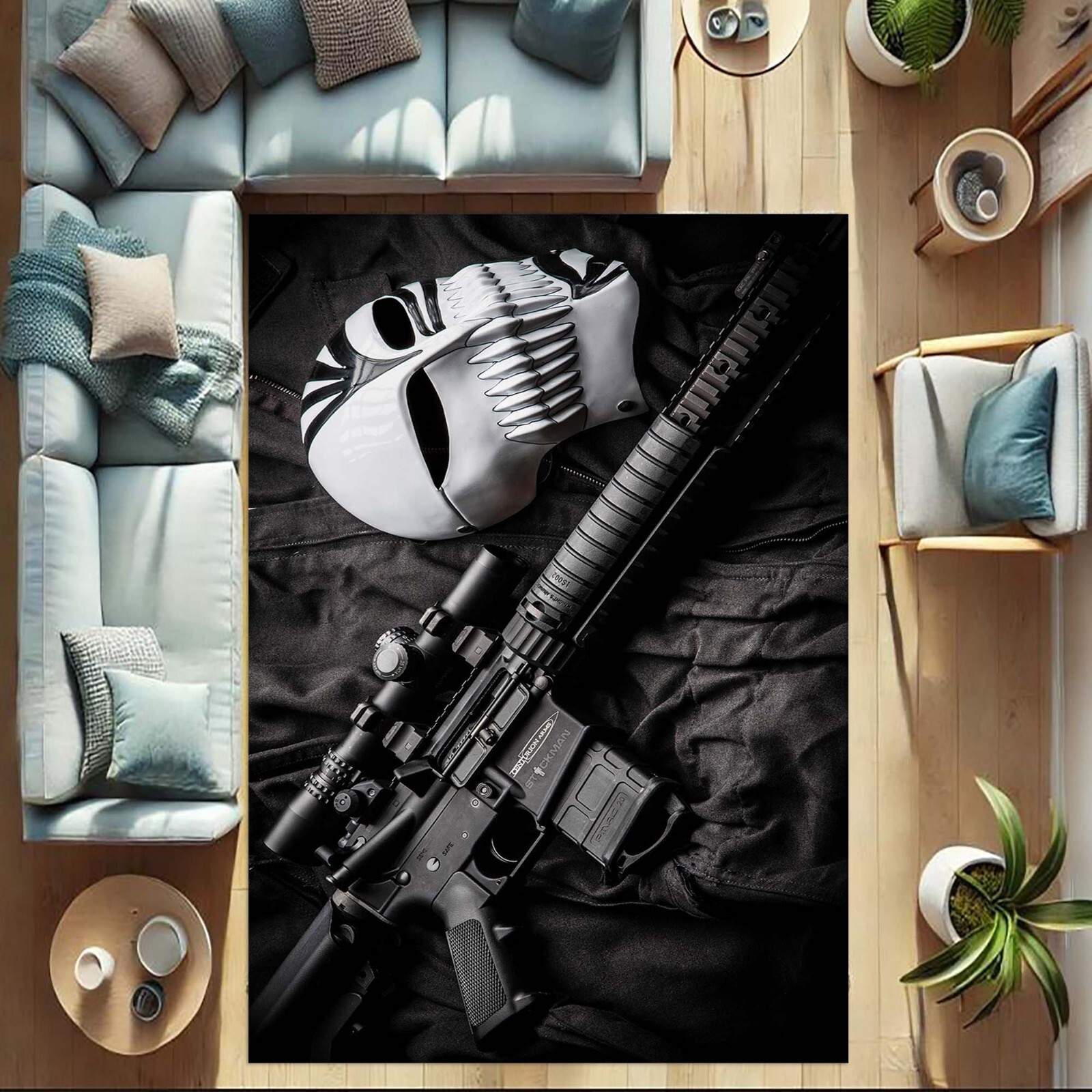 Gamer Rug, Tactical Decor, Dark Aesthetic Carpet, Skull Mask Rug, Military Theme