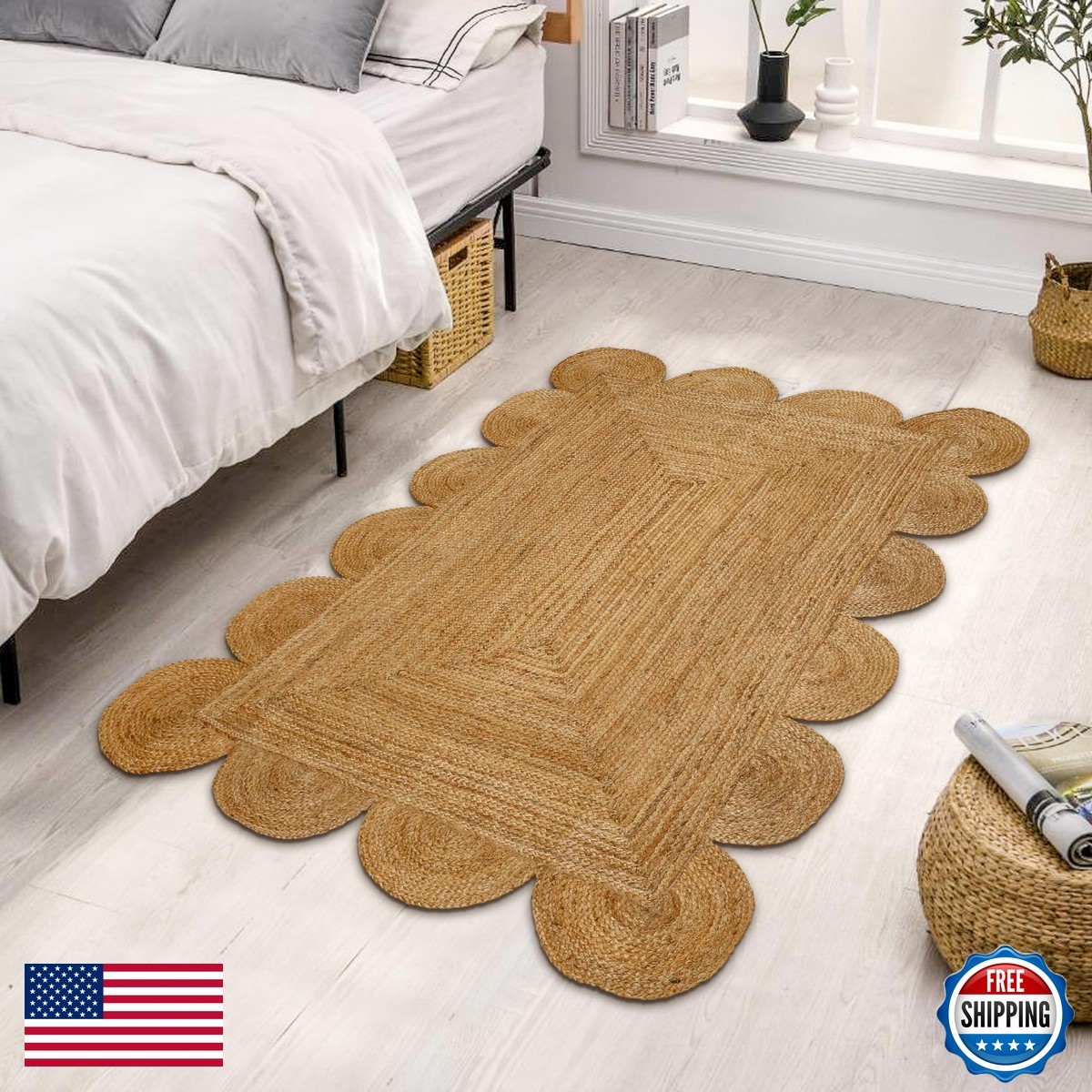 RIANGI Jute Area Rug 5′ x 7′ Rustic Beige Reversible Boho Bedroom Kitchen