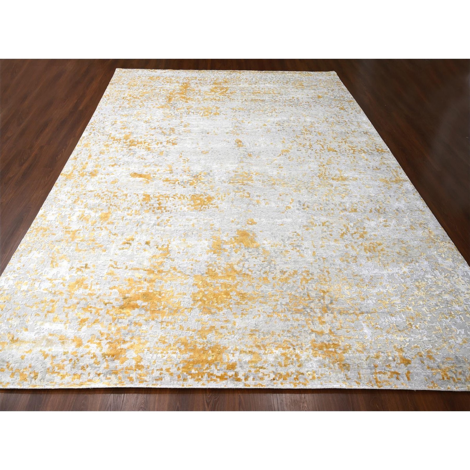 12’x14’9″ Beige Abstract Design Wool and Silk Hand Knotted Oversized Rug R10208