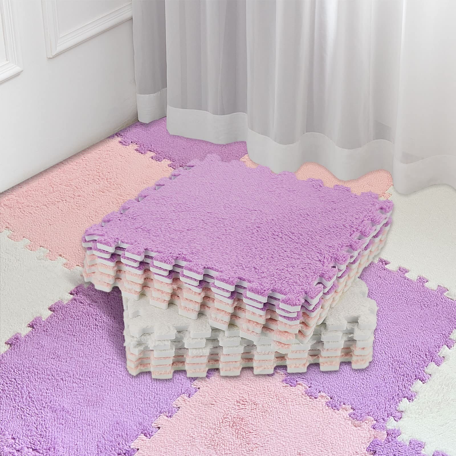 Amylove 72 Pieces Plush Foam Floor Mat Interlocking Tiles 12×12 White Pink