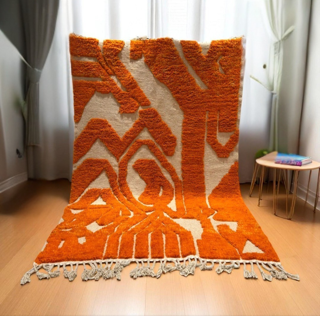 BOHO ABSTRACT WOOL RUG – ORANGE – HAND WOVEN KIDS ROOM RUG, LIVING ROOM RUG 5×8