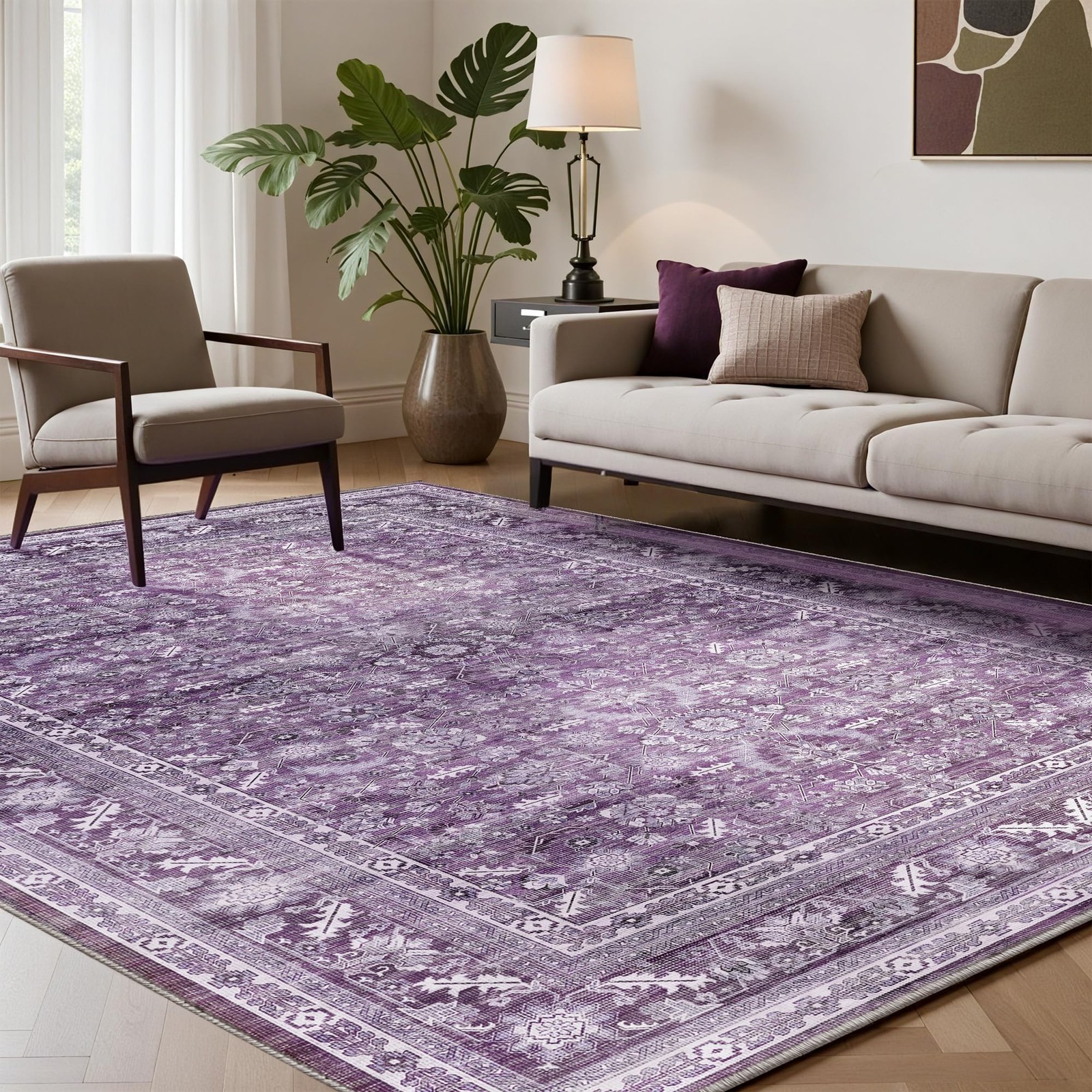 Vintage Purple Area Rugs 5×7, 5 x 7 Retro Washable Rug Non Slip, Low-Pile Fau…