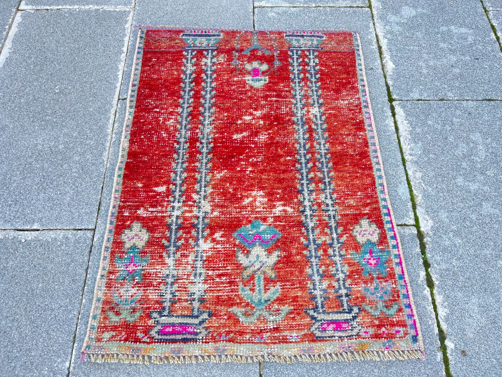 Vintage Turkish Rug 1.7×2.4 Ft Red Prayer Wool Boho Tribal Accent Rug
