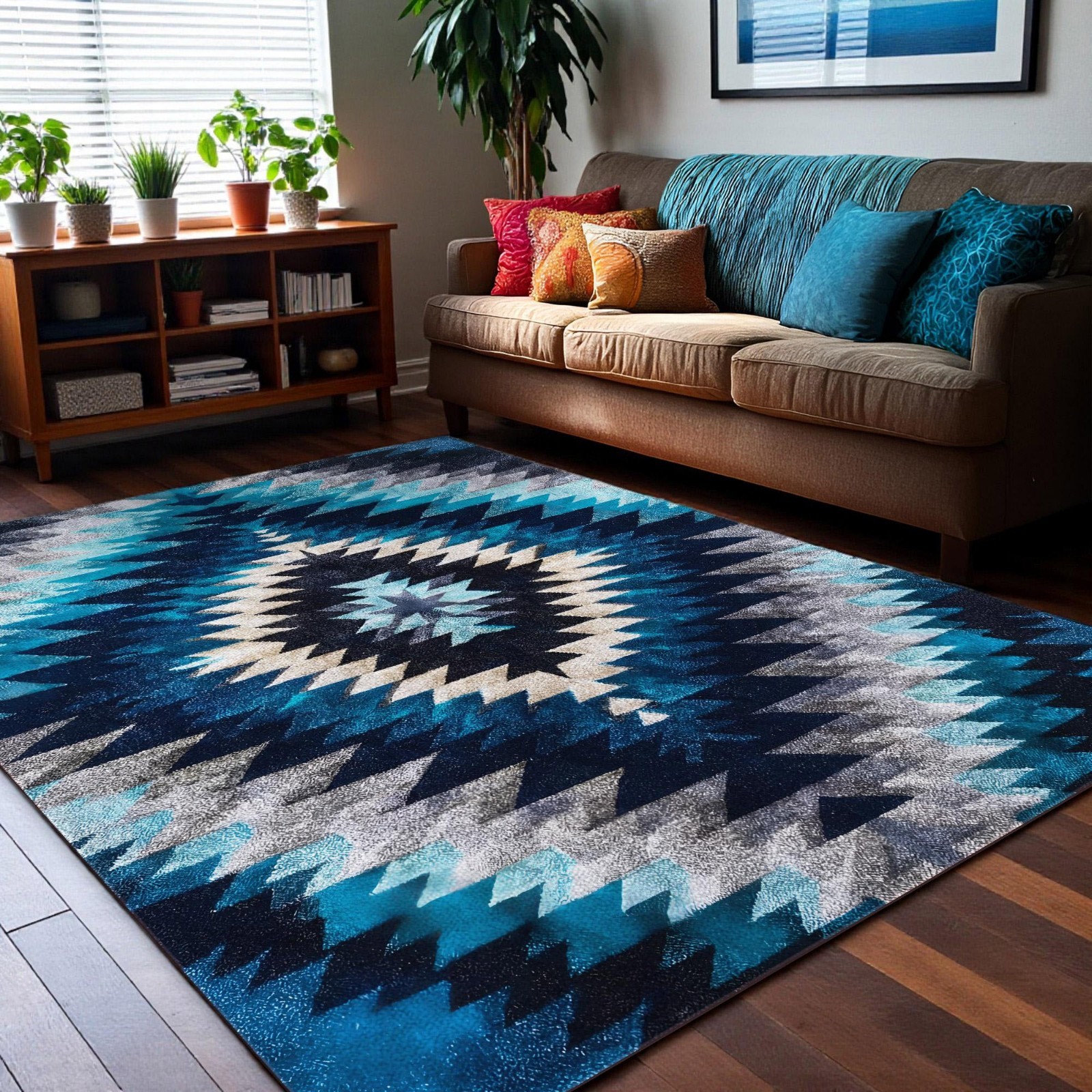Blue Aztec Inspired Rug Southwestern Tribal Pattern Boho Geometric Decor Living!