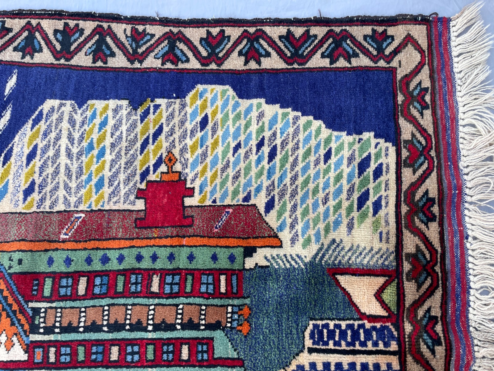 2×4 Pictorial Afghan Wool Rug with Colorful Village Houses Cars and Mountain