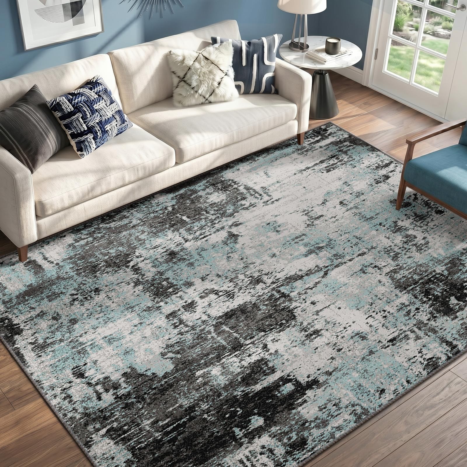RELEANY 5’x7′ Abstract Area Rug Teal Black Washable Non-Slip Modern Low Pile
