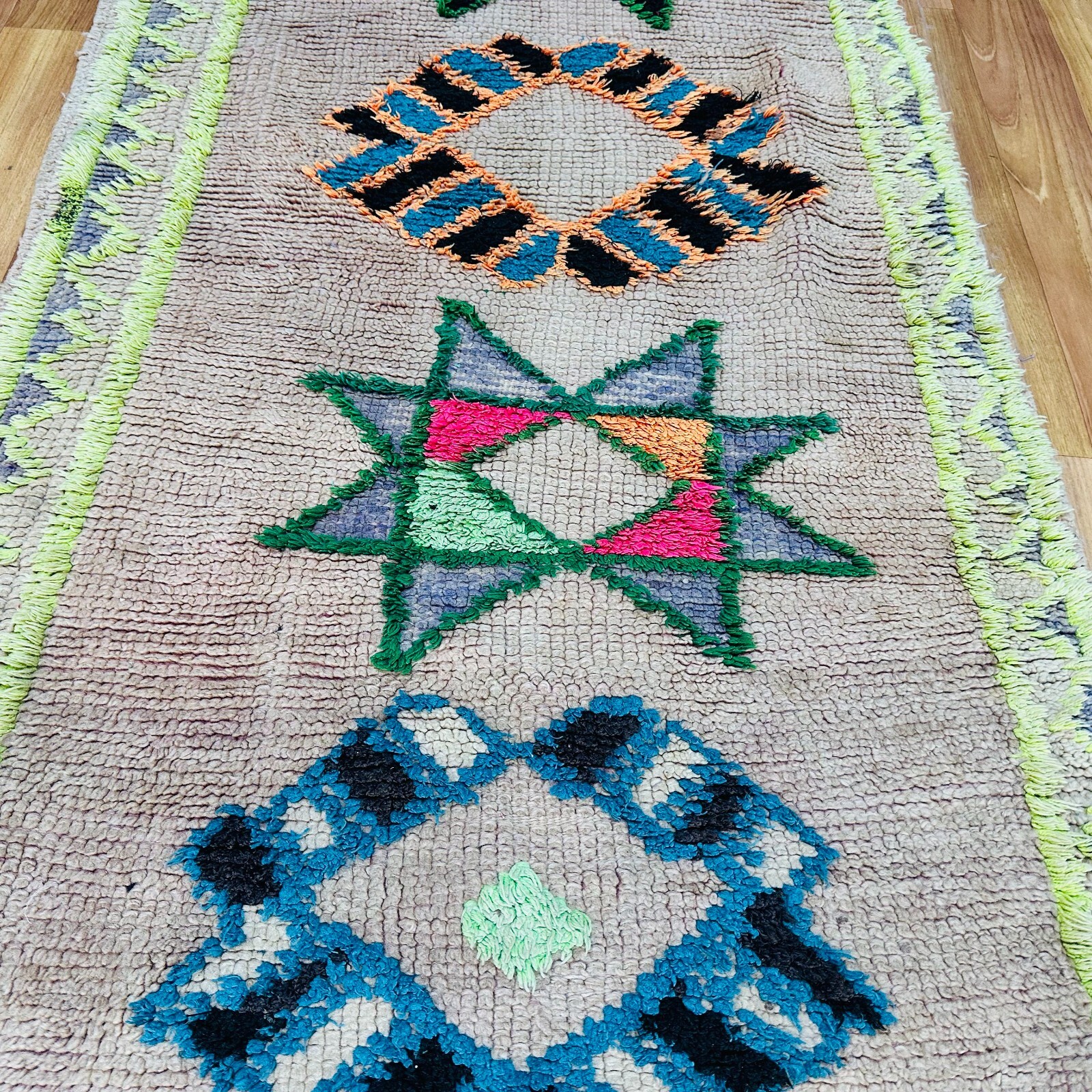 Bohemian Moroccan Shag Runner 32×126 in – Handmade Wool – Star Design Neon Accen