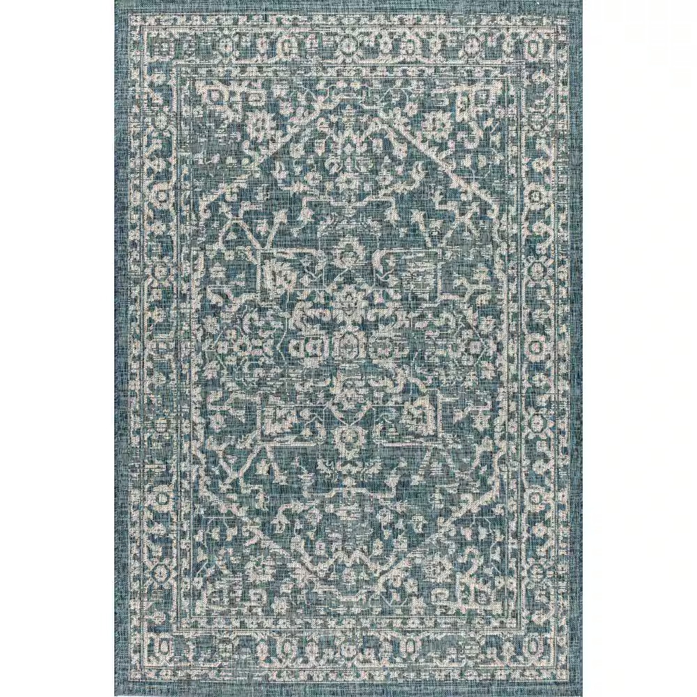 Malta Bohemian Medallion Teal/Gray 5 Ft. 3 In. X 7 Ft. 7 In. Textured Weave Indo