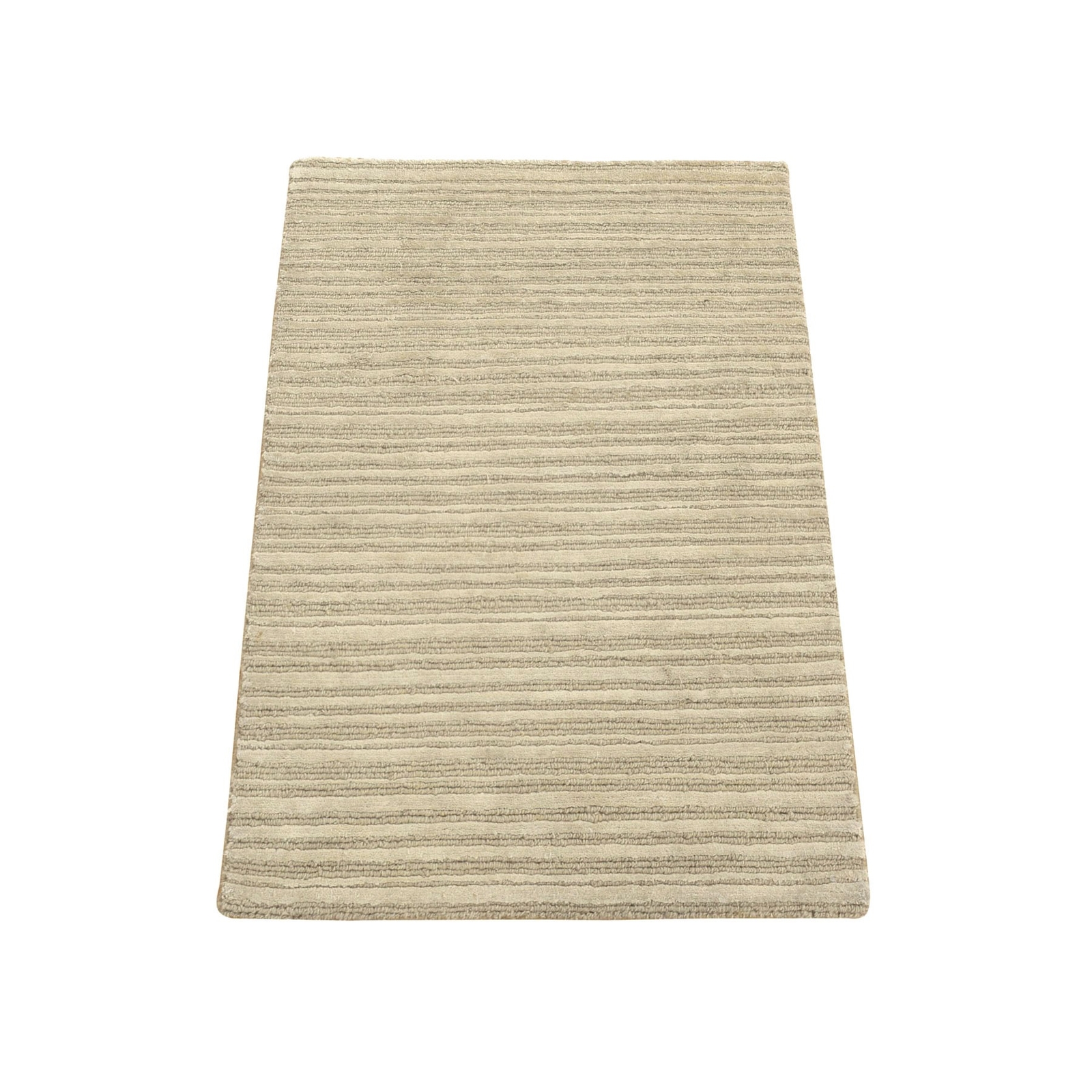 2′ x 3′ Beige Modern Stripe Design Hand Loomed Wool and Silk Mat Rug R80417