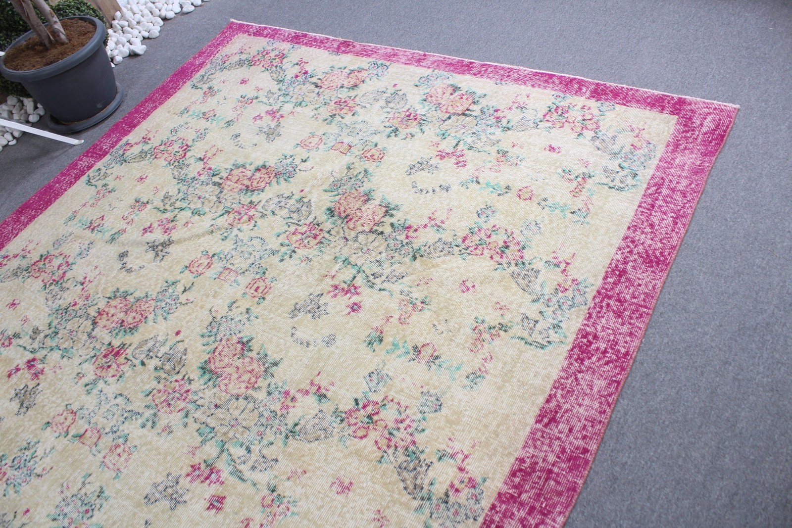 Turkish Vintage Rug, 6,9×9,7 ft Rug, Pink White Oriental Rug