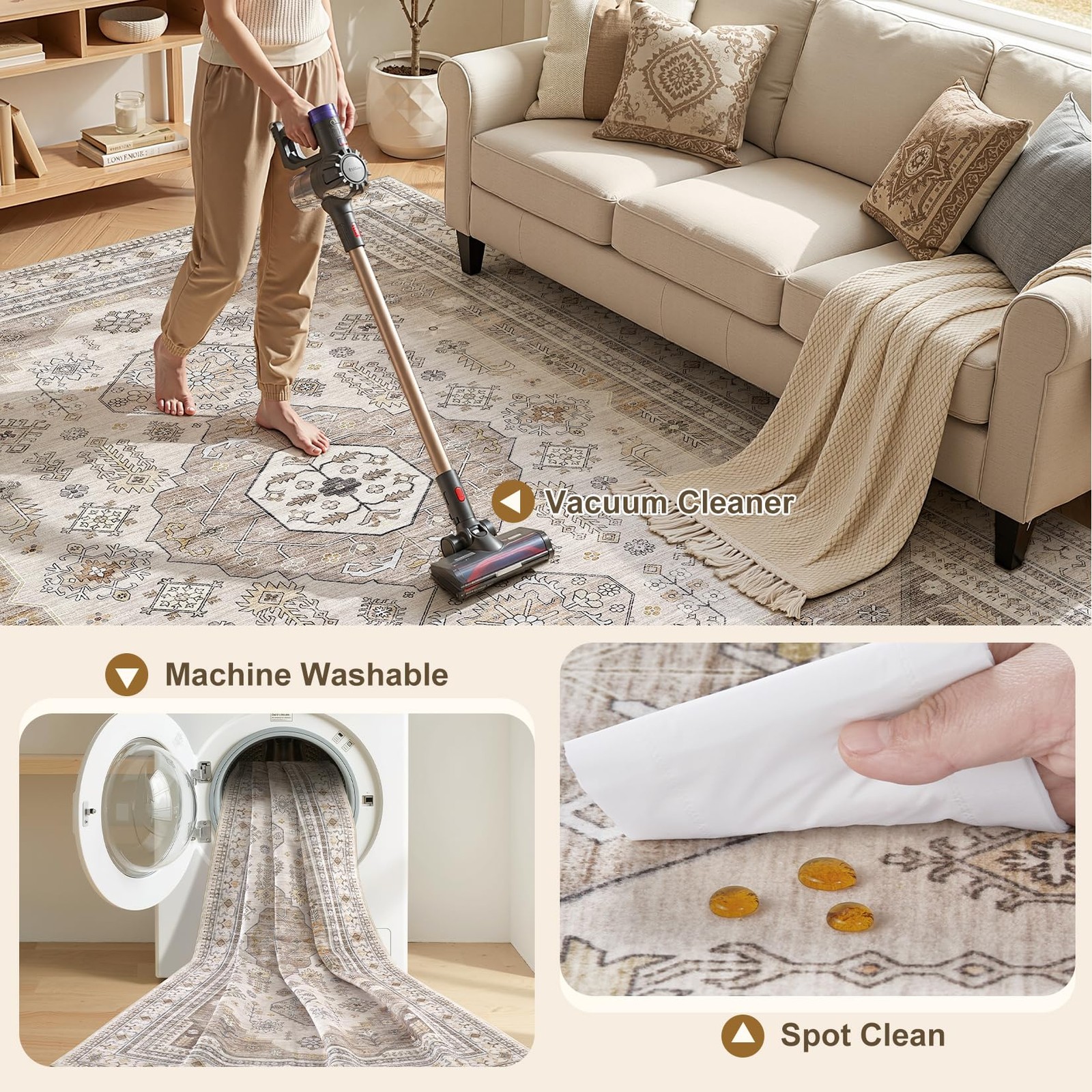 5×7 Washable Area Rug, Large Rugs for 5′ x 7′ (Rectangular), Light Brown
