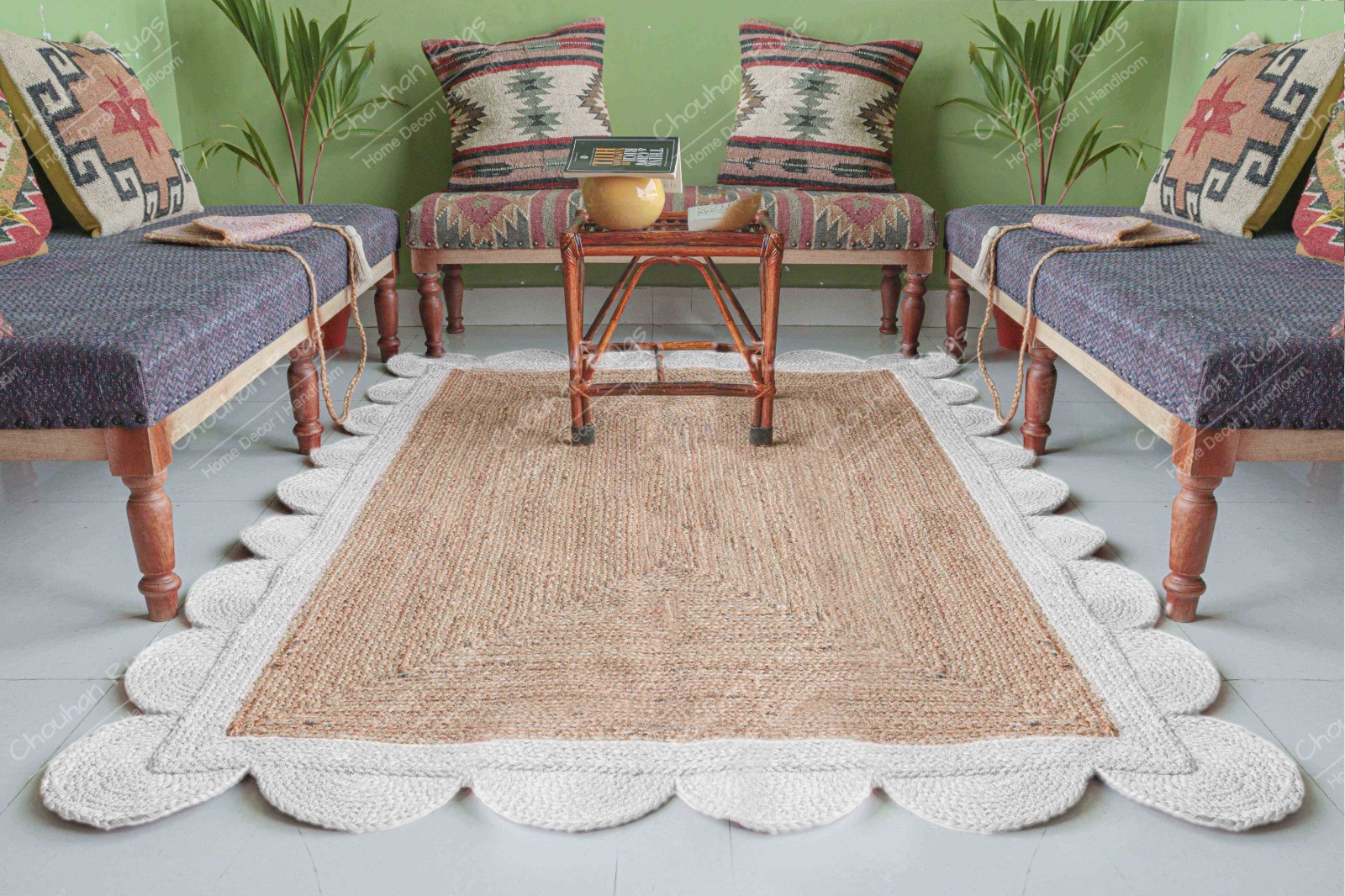 Hand Braided Scalloped Jute Rug Beige & White Border For Home Décor Living Room