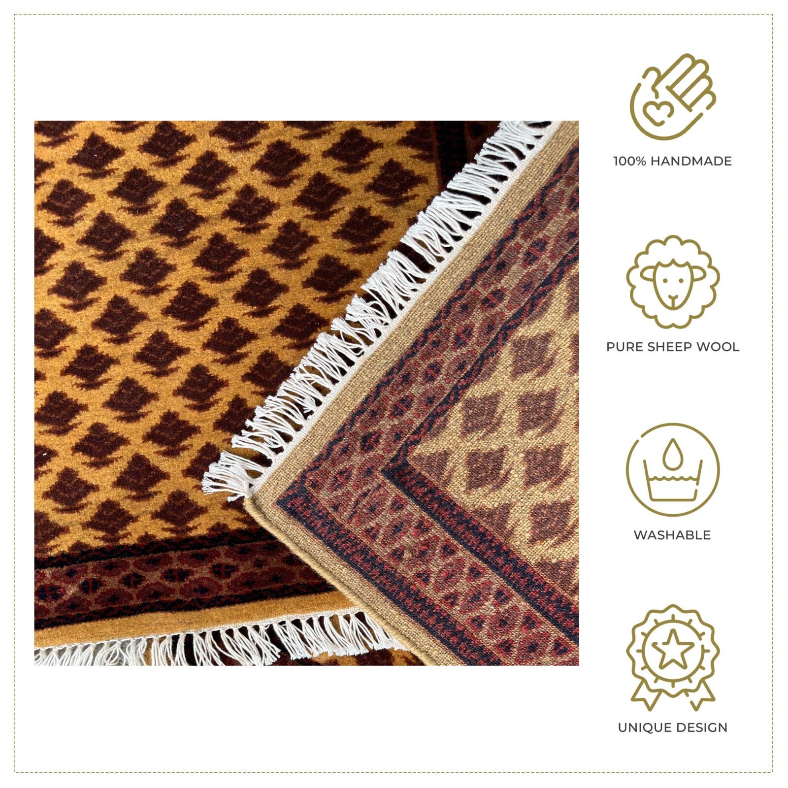 Handmade Hand Knotted Woolen Rug 2×2 feet (60×60 cm) Lichi Yellow Pair