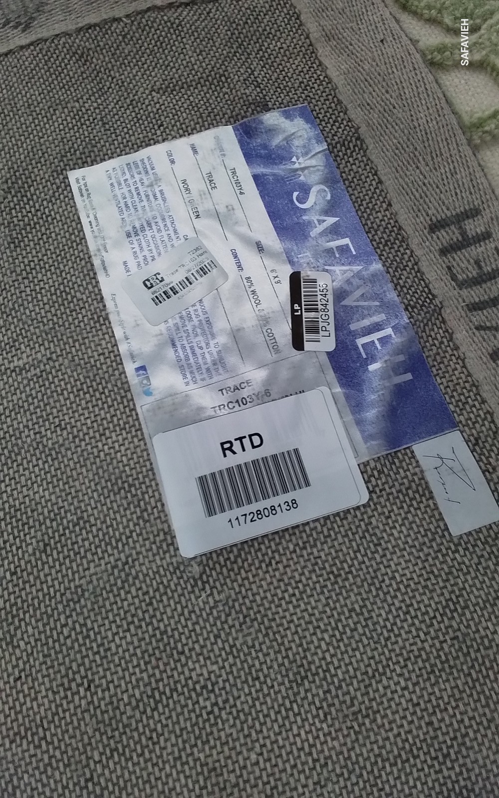 IVORY / GREEN 6′-0″ x 9′-0″ Back Stain Rug, Reduced Price 1172808138 TRC103Y-6