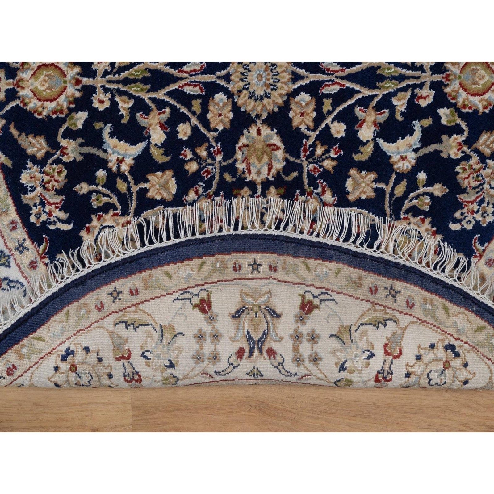 4’3″x4’3″ Midnight Blue Wool and Silk Nain Flower Design Hand Knotted Round Rug